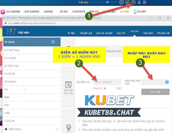 Thao tác rút tiền Kubet88 cực nhanh